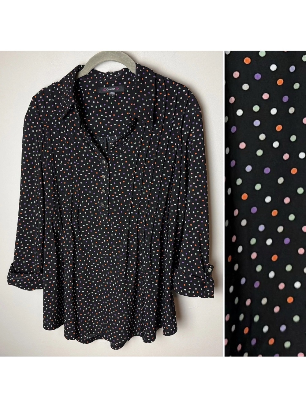 Cocomo Top Size Large Blouse Black Multicolor Polka Dots 3/4 Roll-Tab Sleeves